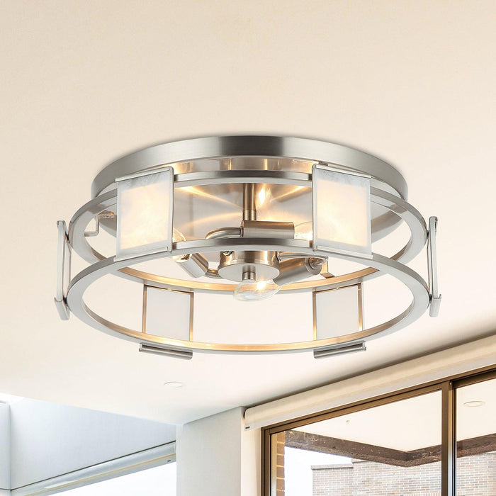 Industrial 15 Inch Satin Nickel 3-Light Flush Mount Ceiling Light - Sweatfully