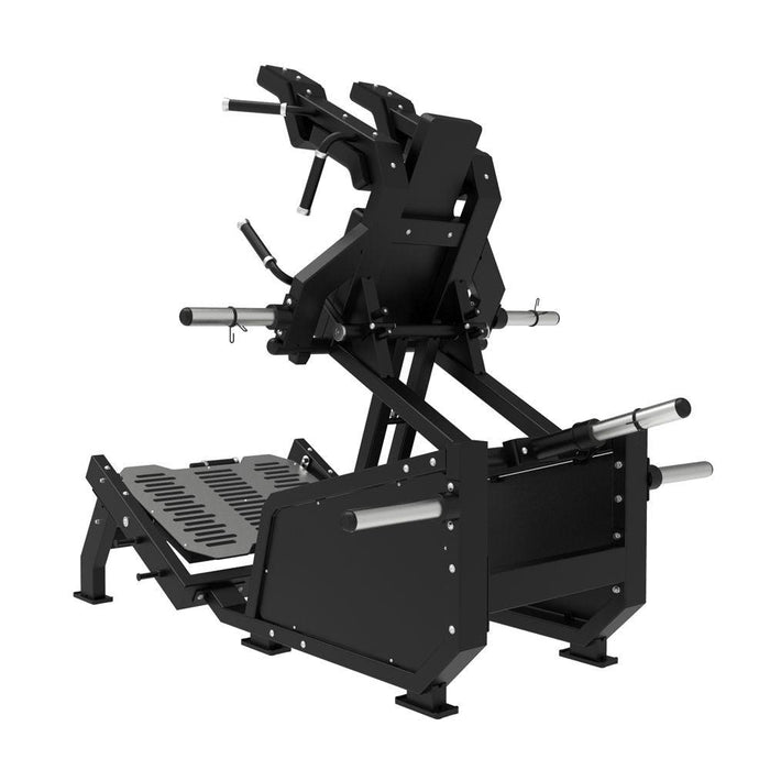 Excel Glute Line Hack Squat / Front Squat - Muscle D Fitness - Plate Load Squat Machine - Counter Balanced - Plate Storage Pegs - Sweatfully