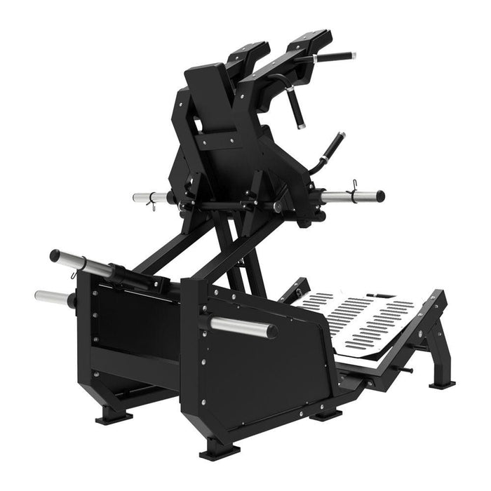 Excel Glute Line Hack Squat / Front Squat - Muscle D Fitness - Plate Load Squat Machine - Counter Balanced - Plate Storage Pegs - Sweatfully
