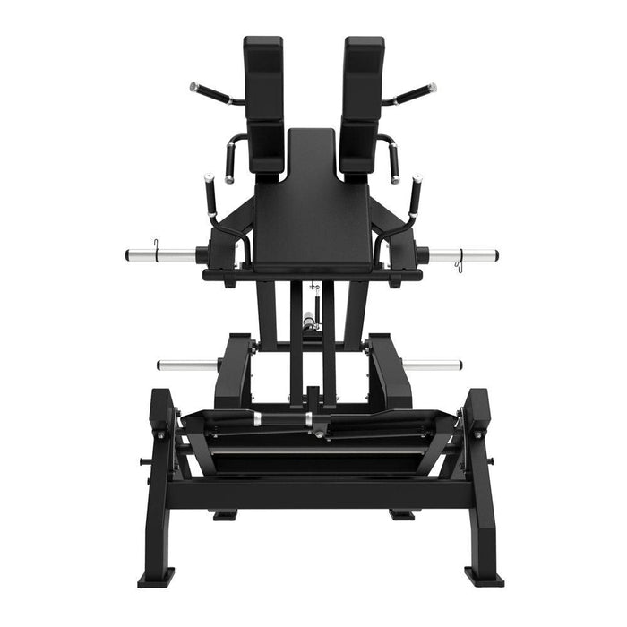 Excel Glute Line Hack Squat / Front Squat - Muscle D Fitness - Plate Load Squat Machine - Counter Balanced - Plate Storage Pegs - Sweatfully