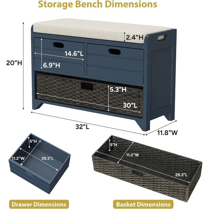 Hausvita 32" Storage Bench for Entryway, Shoe Bench with Storage Removable Basket and 2 Drawers - Sweatfully