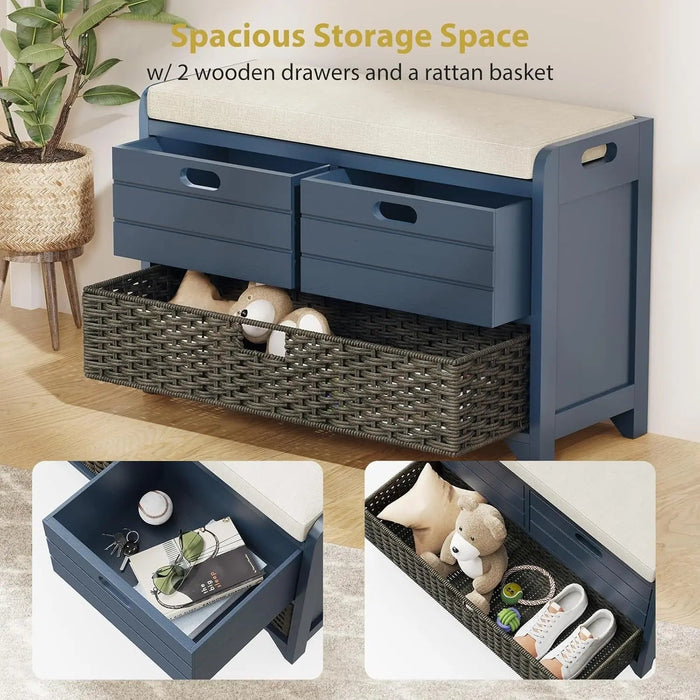 Hausvita 32" Storage Bench for Entryway, Shoe Bench with Storage Removable Basket and 2 Drawers - Sweatfully