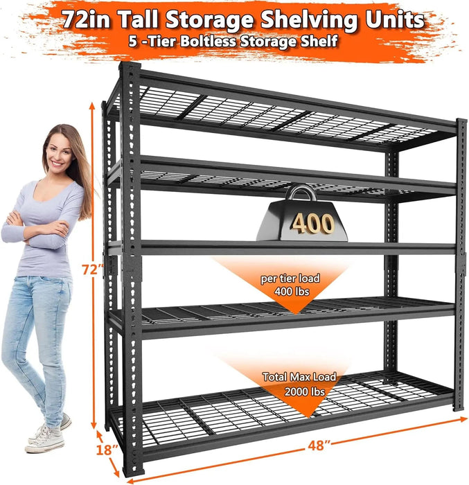 Hausvita Storage Shelves Heavy Duty, 48" L x 18" W x 72" H Garage Wire Shelving Unit Loads 2000LBS, 5-tier Adjustable Metal Industrial Utility Shelf Rack for Kitchen, Laundry Room, Pantry, Warehouse, Basement - Sweatfully