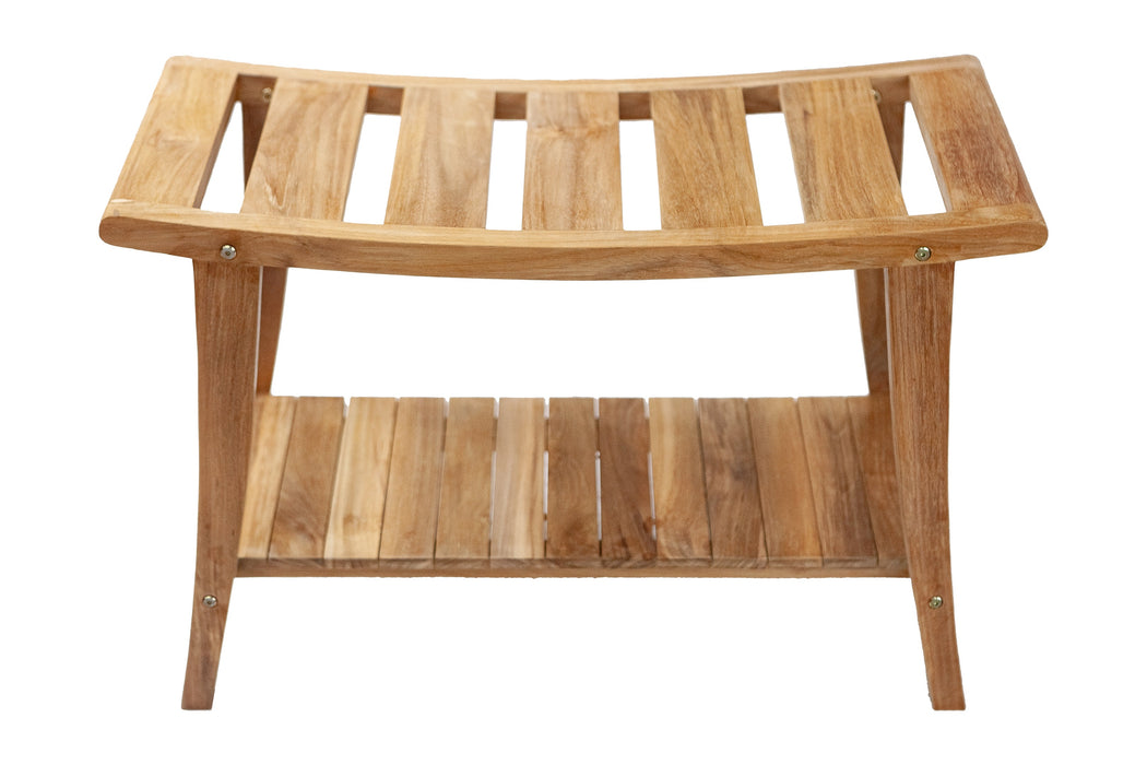 Taipei Natural Teak Shower and Bath Curved Spa Bench with Shelf - Sweatfully