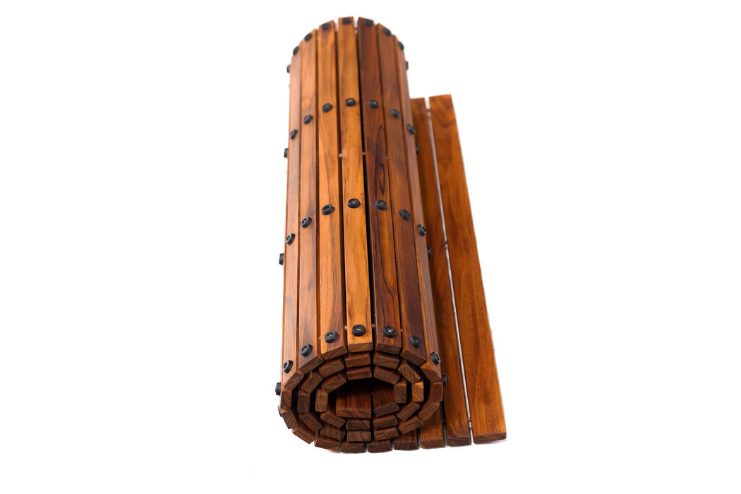 Spokane Extra Large Oiled Teak Shower and Bath String Mat with Rubber Footing 59″ x 35″ - Sweatfully
