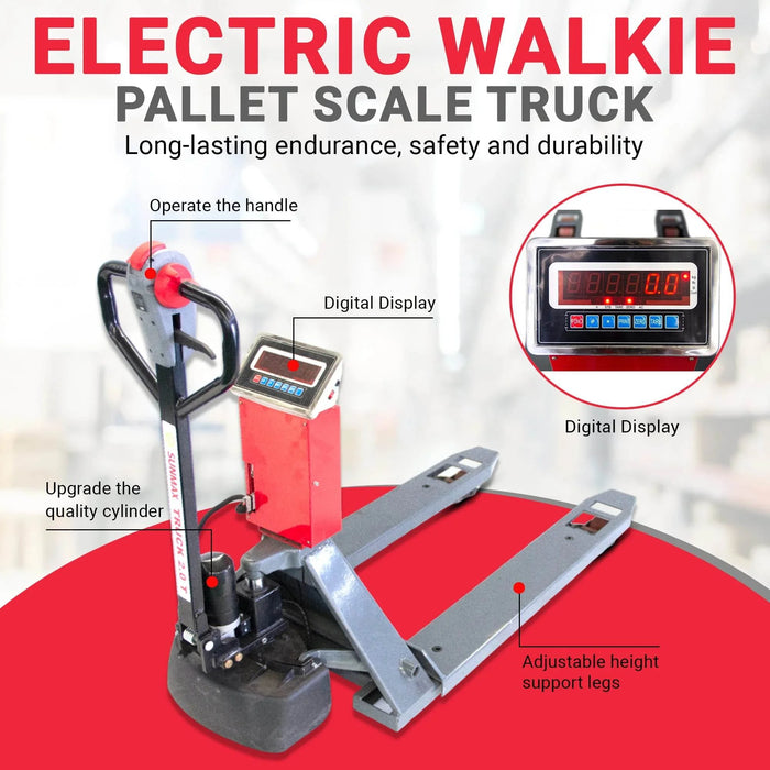 SUNMAX PT4400W Electric Walkie Pallet Truck with Built-in Scale, 4400 lbs Capacity, 45" x 27" Fork Size, Electric Brake - Sweatfully
