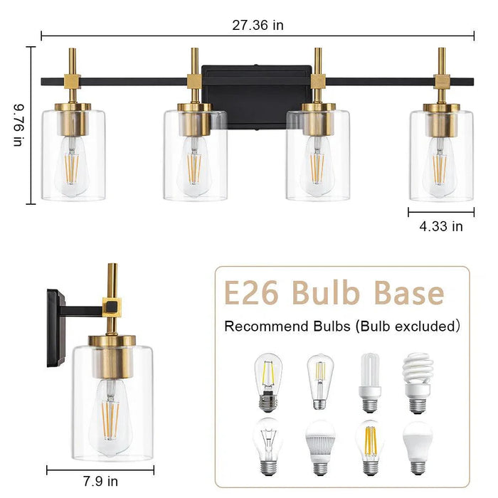 Jasper Black & Gold Clear Glass 4-Light Bathroom Vanity Light - Sweatfully