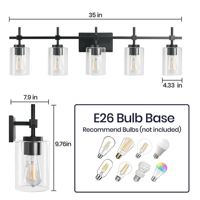 Jasper Modern Brushed Nickel & Black Clear Glass 5-Light Bathroom Linear Vanity Light - Sweatfully