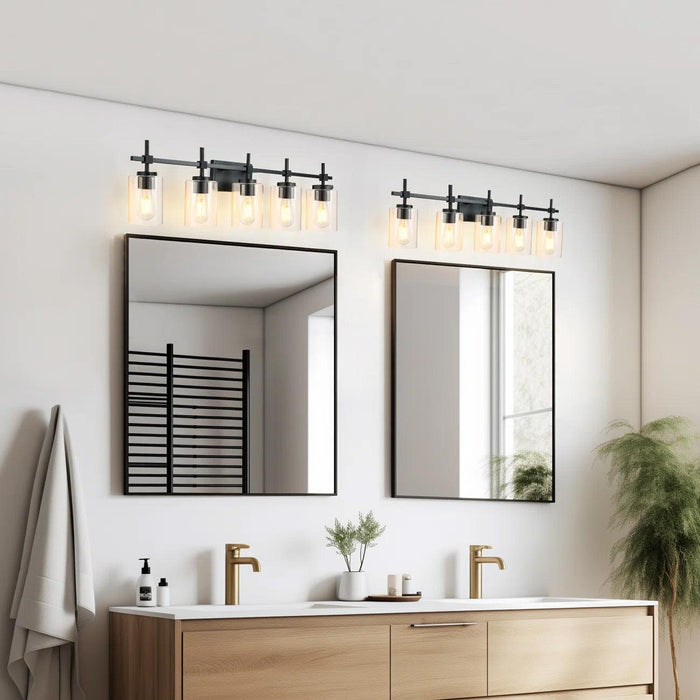 Jasper Modern Brushed Nickel & Black Clear Glass 5-Light Bathroom Linear Vanity Light - Sweatfully