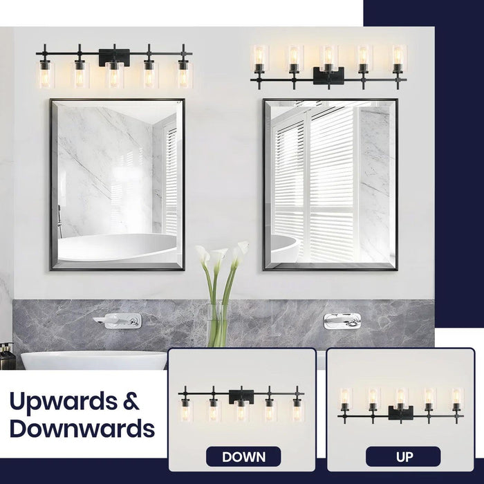 Jasper Modern Brushed Nickel & Black Clear Glass 5-Light Bathroom Linear Vanity Light - Sweatfully