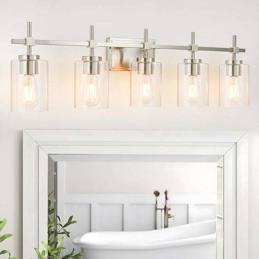 Jasper Modern Brushed Nickel & Black Clear Glass 5-Light Bathroom Linear Vanity Light - Sweatfully