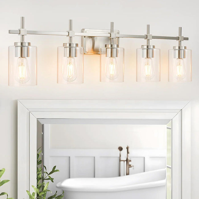 Jasper Modern Brushed Nickel & Black Clear Glass 5-Light Bathroom Linear Vanity Light - Sweatfully