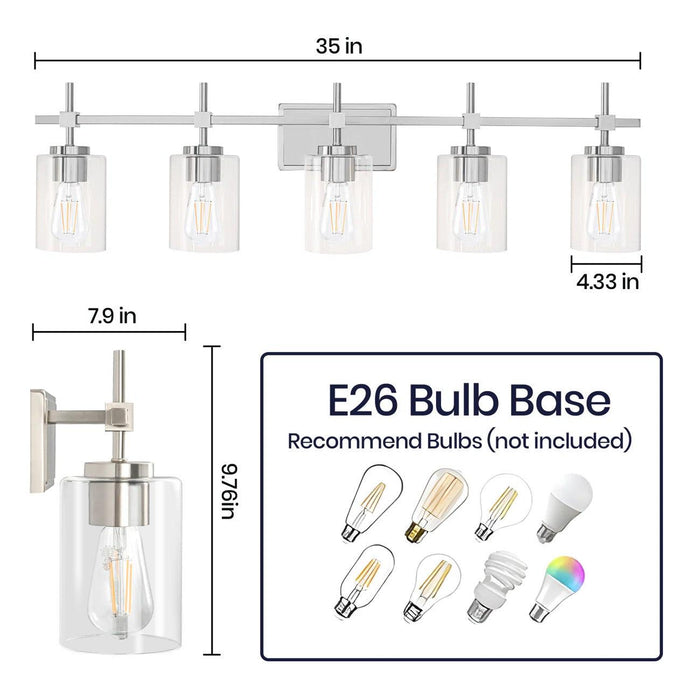 Jasper Modern Brushed Nickel & Black Clear Glass 5-Light Bathroom Linear Vanity Light - Sweatfully