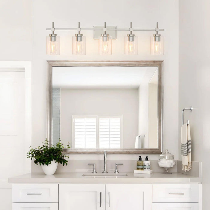 Jasper Modern Brushed Nickel & Black Clear Glass 5-Light Bathroom Linear Vanity Light - Sweatfully