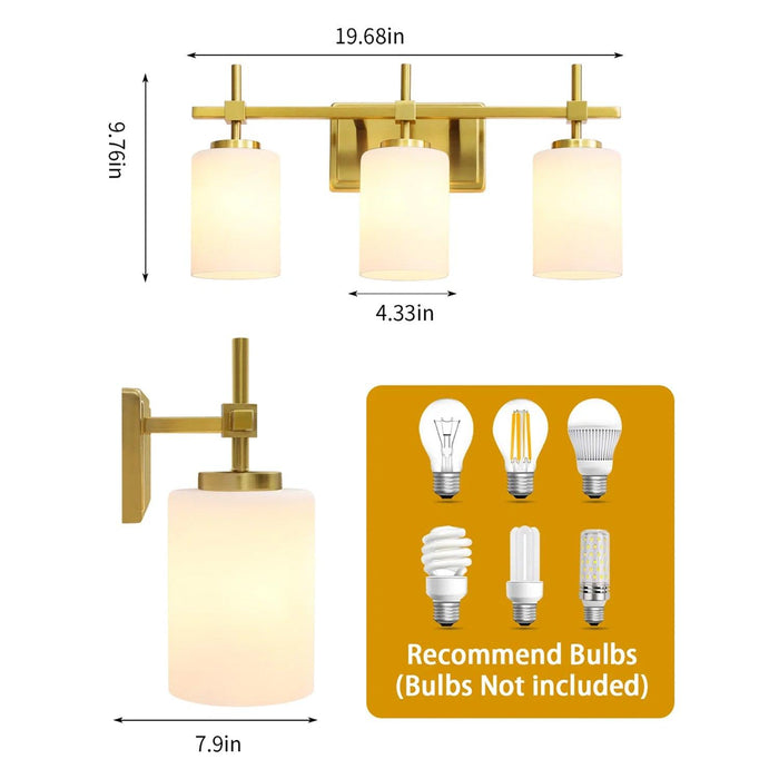 Jasper Gold Modern Frosted Glass 3-Light Bathroom Vanity Light - Sweatfully