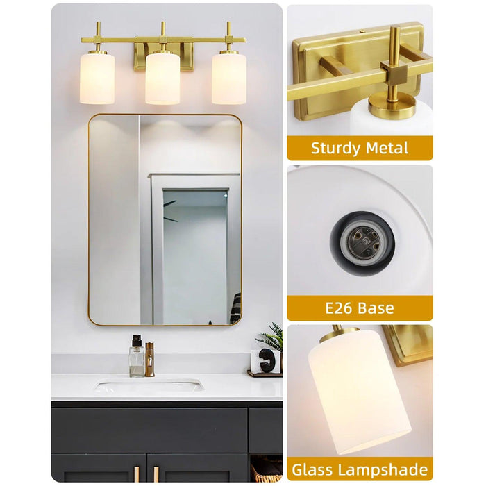 Jasper Gold Modern Frosted Glass 3-Light Bathroom Vanity Light - Sweatfully