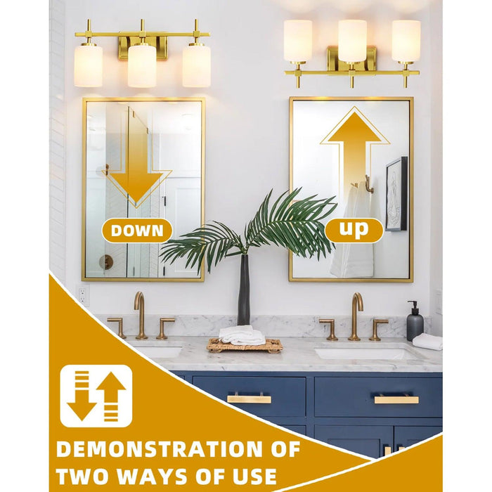 Jasper Gold Modern Frosted Glass 3-Light Bathroom Vanity Light - Sweatfully