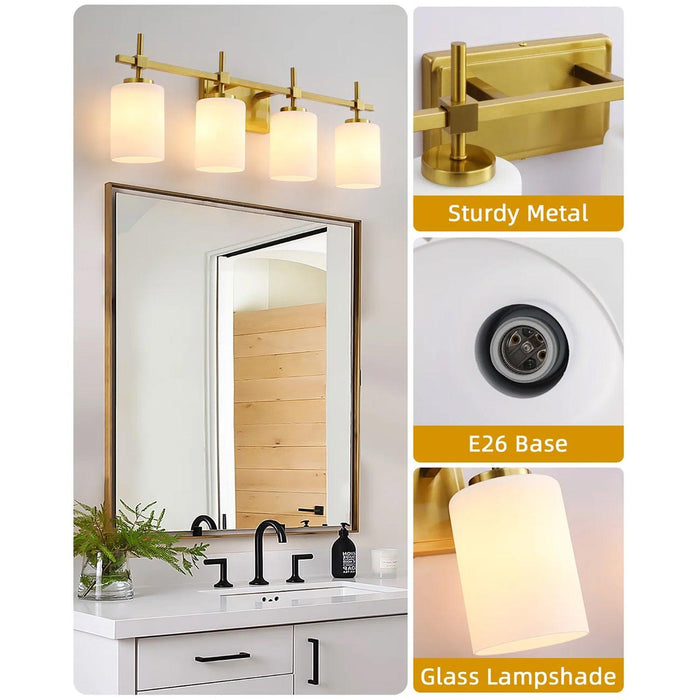 Jasper Gold Modern Frosted Glass 4-Light Bathroom Vanity Light - Sweatfully