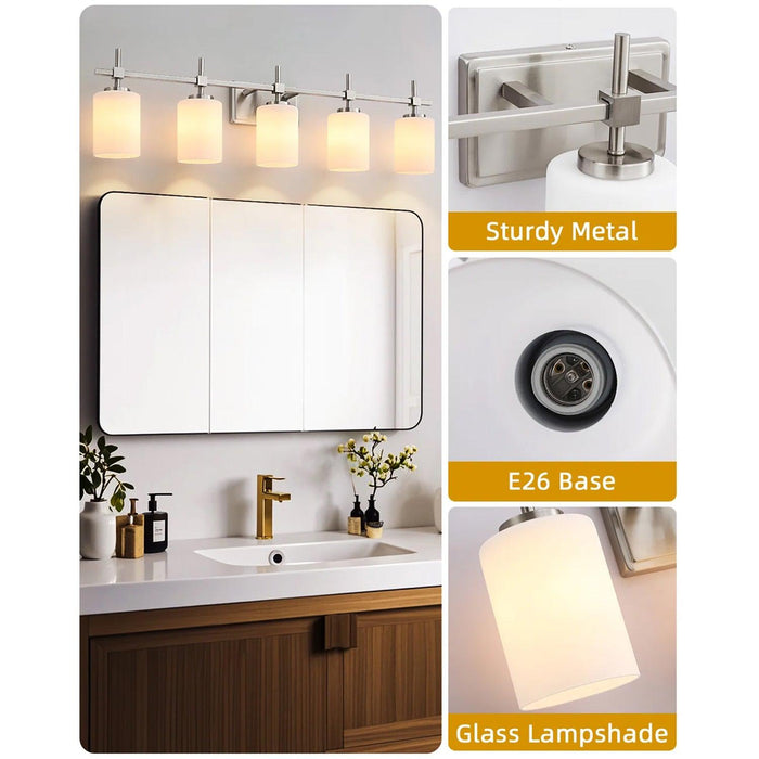 Jasper Modern Frosted Glass 5-Light Bathroom Linear Vanity Light - Sweatfully