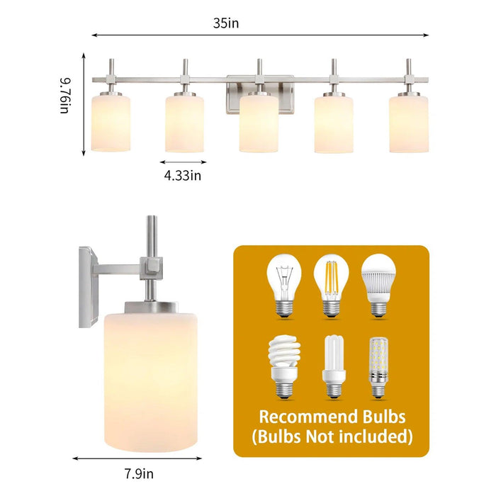 Jasper Modern Frosted Glass 5-Light Bathroom Linear Vanity Light - Sweatfully