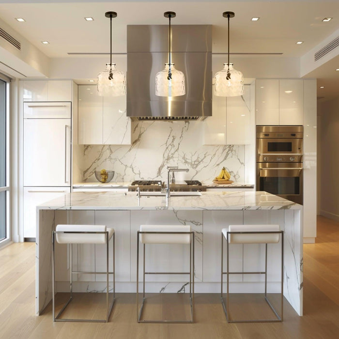 Kara Farmhouse 1-Light Textured Glass Nickel Island Pendant Light - Sweatfully
