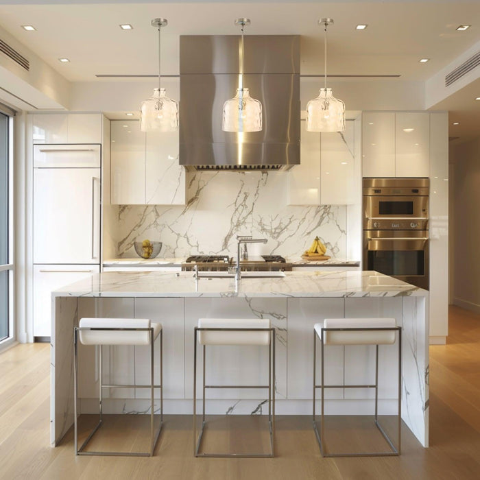 Kara Farmhouse 1-Light Textured Glass Nickel Island Pendant Light - Sweatfully