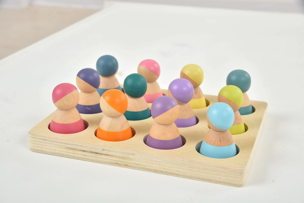 Wooden Rainbow Peg Dolls Figures 12 Piece Set - Sweatfully