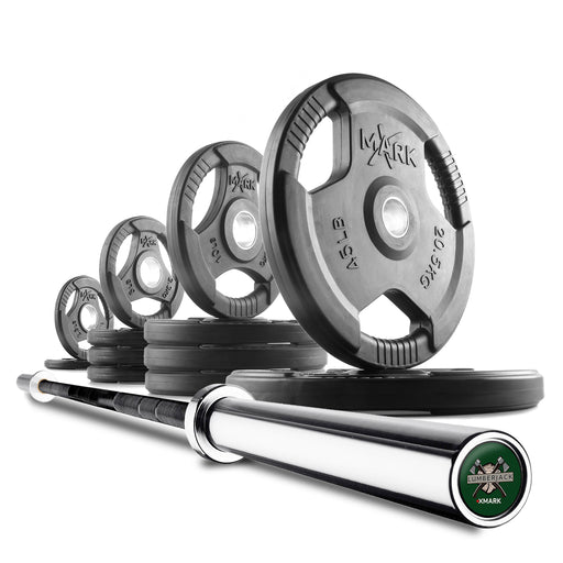XMARK Tri-Grip Olympic Weight Plates and Olympic Barbell Sets LUMBERJACK-3377-BAL-155 - Sweatfully