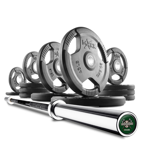 XMARK Tri-Grip Olympic Weight Plates and Olympic Barbell Sets LUMBERJACK-3377-BAL-155 - Sweatfully