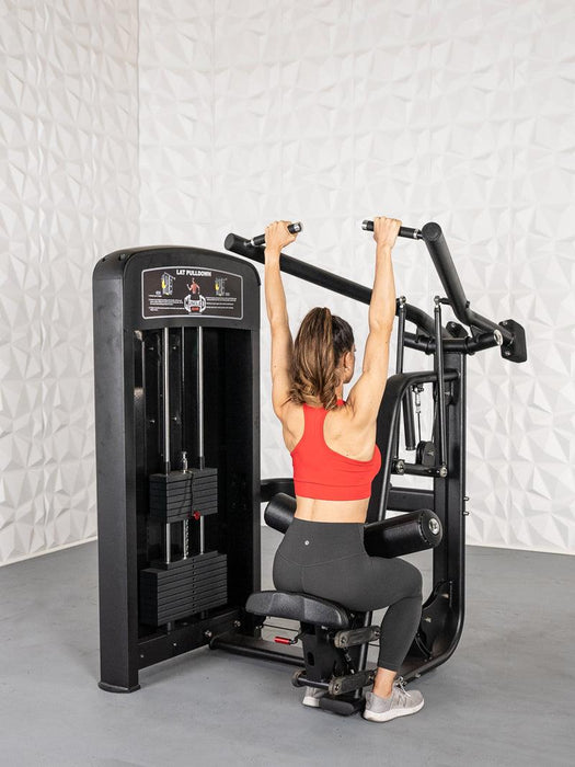 Elite Selectorized Lat Pulldown - Muscle D Fitness - Commercial Adjustable Seated Pin Selectorized Lat Pull-Down - Sweatfully