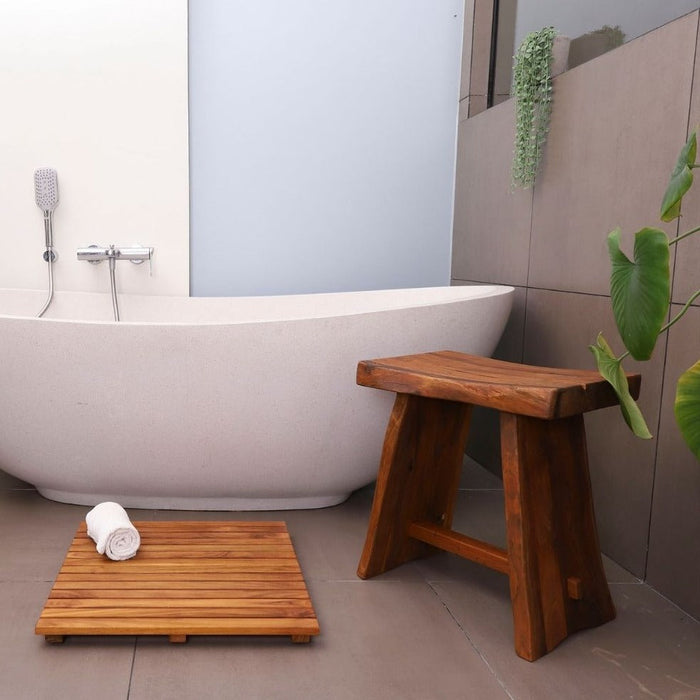 Salem Teak Shower and Bath Stool with Curved Seat - Sweatfully