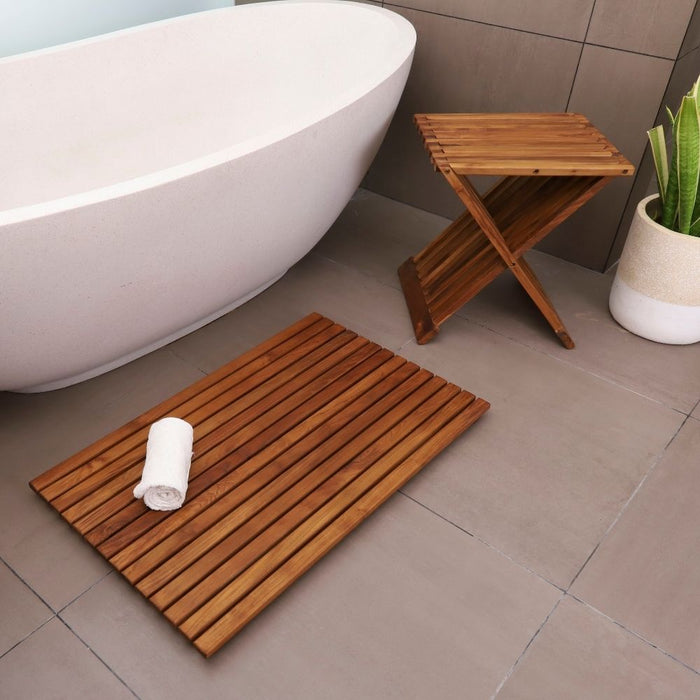 Winchester Teak Shower and Bath Folding Stool with Horizontal Slats - Sweatfully