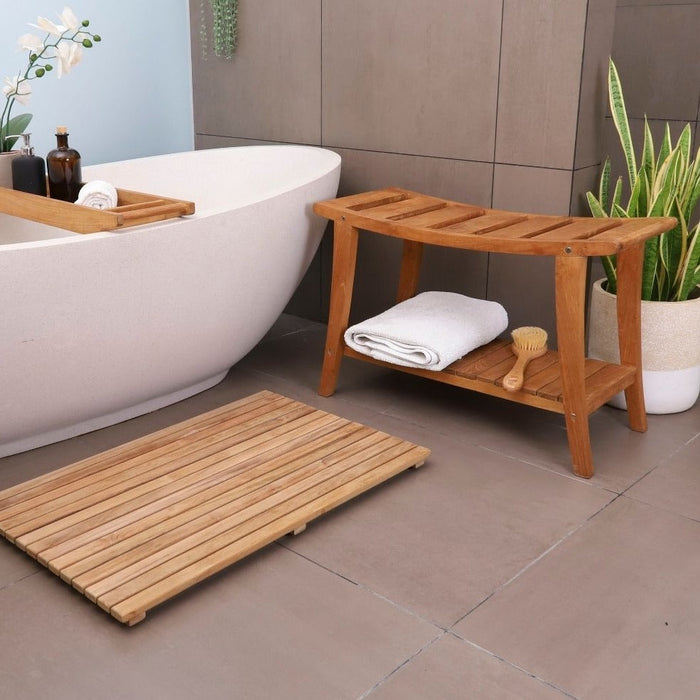 Taipei Natural Teak Shower and Bath Curved Spa Bench with Shelf - Sweatfully