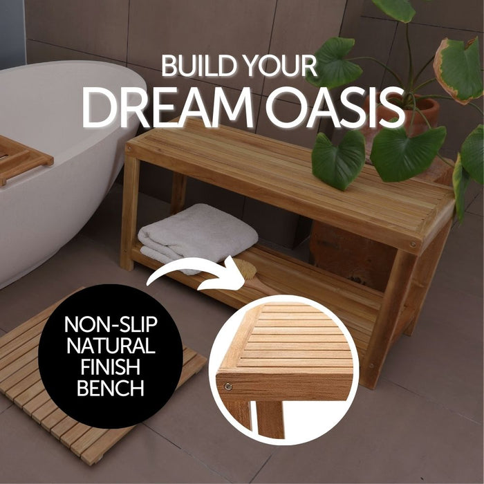 Bali Natural Teak Shower and Bath Spa Bench with Shelf - 35" - Sweatfully