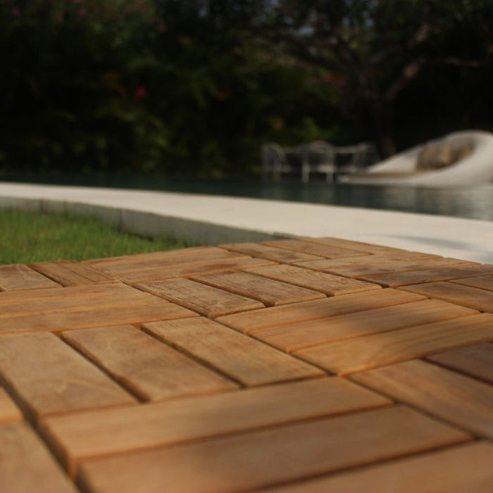 Coastal Oiled Teak Outdoor Interlocking Tiles, 12 Slat (10 sq ft) - Sweatfully