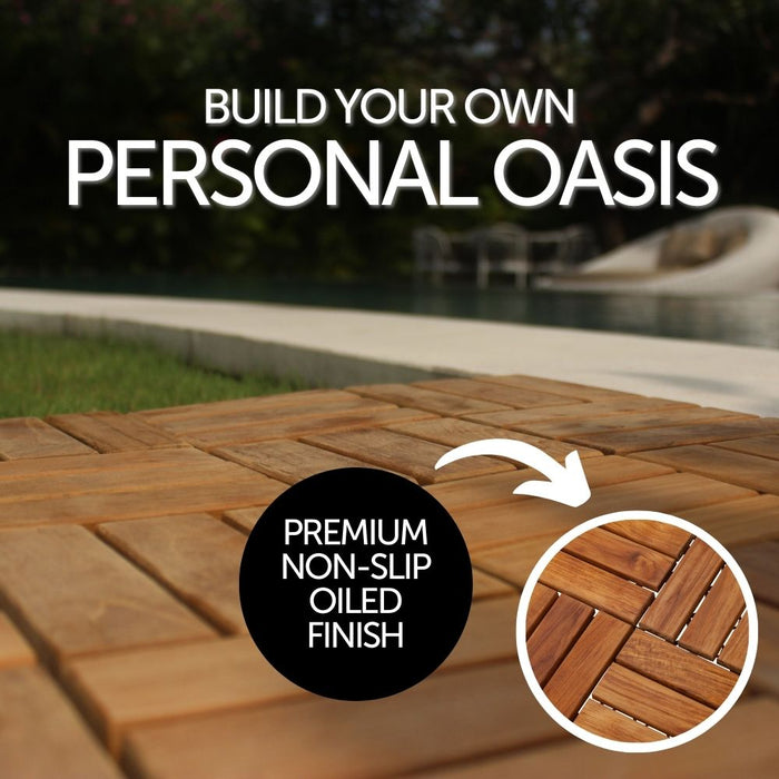 Coastal Oiled Teak Outdoor Interlocking Tiles, 12 Slat (10 sq ft) - Sweatfully