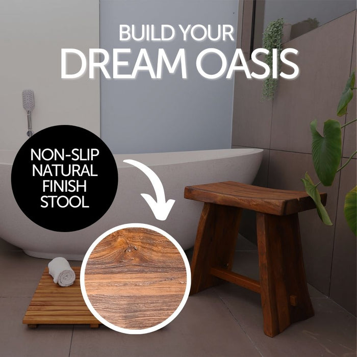 Salem Teak Shower and Bath Stool with Curved Seat - Sweatfully