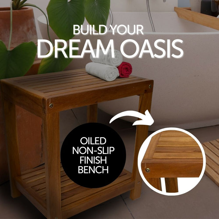 Bali Teak Shower and Bath Spa Bench with Shelf – 18″ - Sweatfully