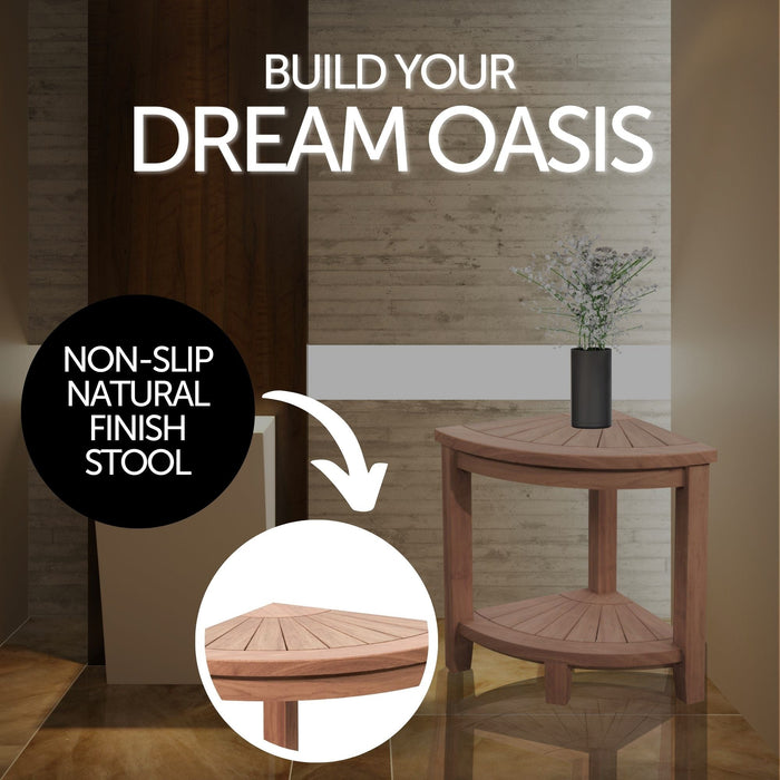 Stanley Natural Teak Shower and Bath Corner Stool with Shelf - 15.7" - Sweatfully