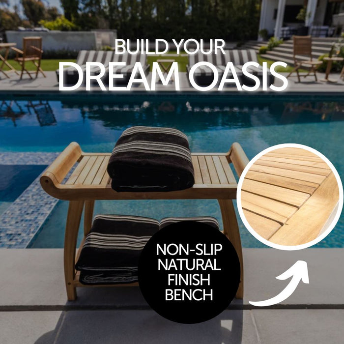 Norwegian Natural Teak Shower and Bath Curved Spa Bench with Shelf - 30" - Sweatfully