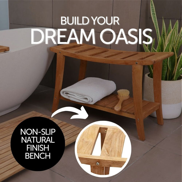 Taipei Natural Teak Shower and Bath Curved Spa Bench with Shelf - Sweatfully