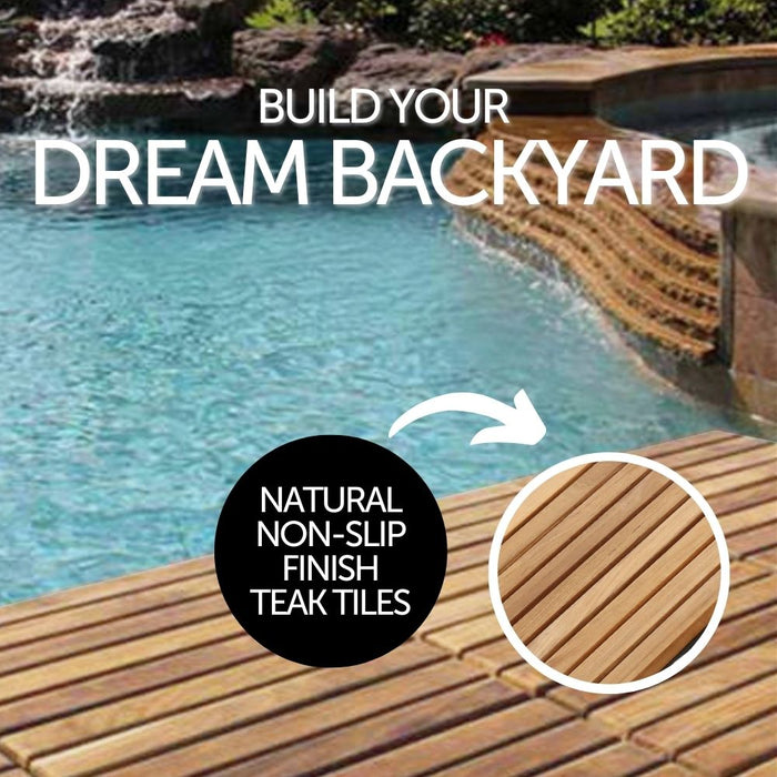 Denali Natural Teak Outdoor Interlocking Tiles, 9 Slat (10 sq ft) - Sweatfully