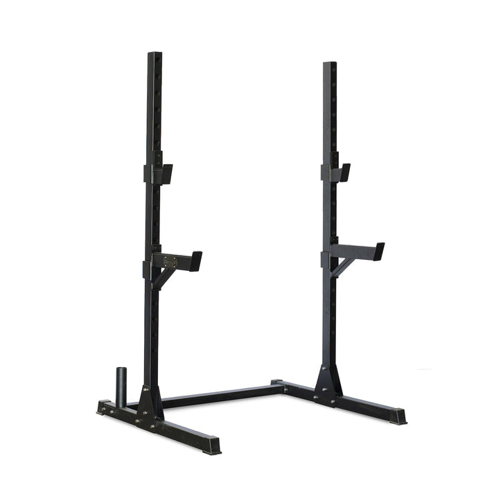 Compact Squat Stand Complete Weight Set - Muscle D Fitness - Adjustable Safety Guards - Vertical Bar Storage - Home Gym - Sweatfully