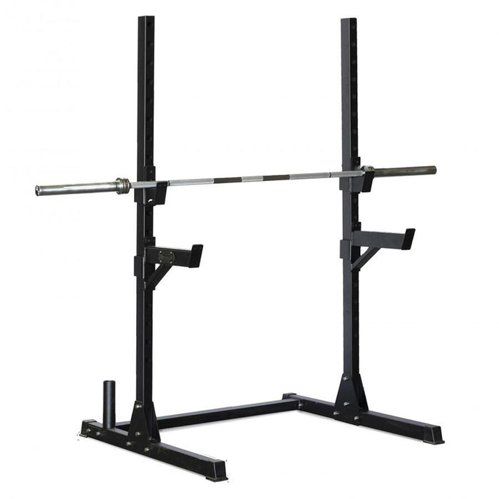 Compact Squat Stand Complete Weight Set - Muscle D Fitness - Adjustable Safety Guards - Vertical Bar Storage - Home Gym - Sweatfully