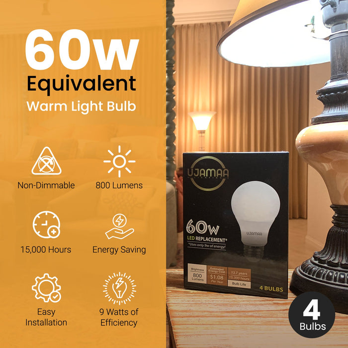 Ujamaa 60w Watt Equivalent LED Light Bulbs (Warm White) - 4-Pack - Sweatfully