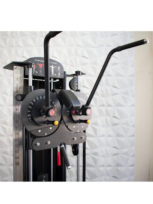 Muscle-Flight Trainer - Muscle D Fitness - Heavy Base - Adjustable Height and Range of Motion - Selectorized - Sweatfully
