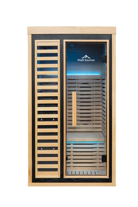Peak Saunas Shasta 1-Person Indoor Full Spectrum Infrared Sauna with XL Medical-Grade Red Light Therapy & Smart WiFi App Control - Sweatfully
