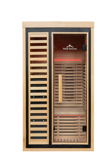 Peak Saunas Shasta 1-Person Indoor Full Spectrum Infrared Sauna with XL Medical-Grade Red Light Therapy & Smart WiFi App Control - Sweatfully