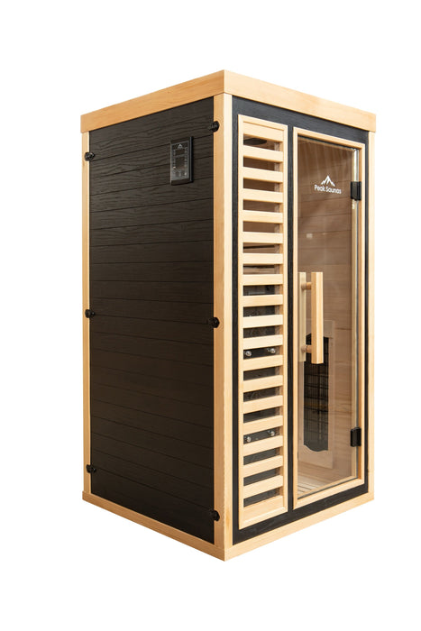 Peak Saunas Shasta 1-Person Indoor Full Spectrum Infrared Sauna with XL Medical-Grade Red Light Therapy & Smart WiFi App Control - Sweatfully