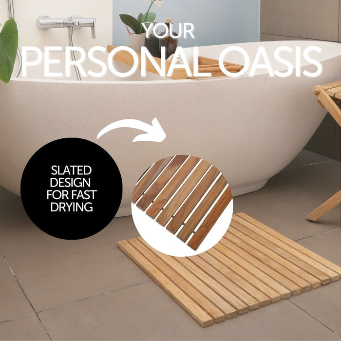 Bahama Teak Shower and Bath String Mat with Rubber Footing 19.6″ x 19.6″ - Sweatfully